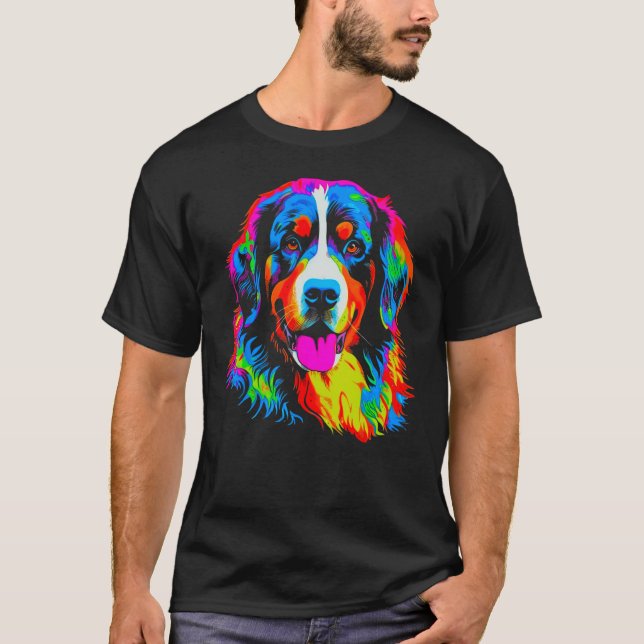 Bernese Mountain Dog Yellow Pink Orange Blue Green T Shirt (Framsida)