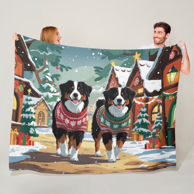 Bernese Mountain Dogs Christmas Snow Holiday Fleecefilt (På plats)