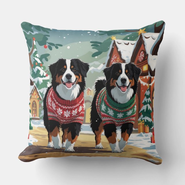 Bernese Mountain Dogs Christmas Snow Holiday Kudde (Framsida)