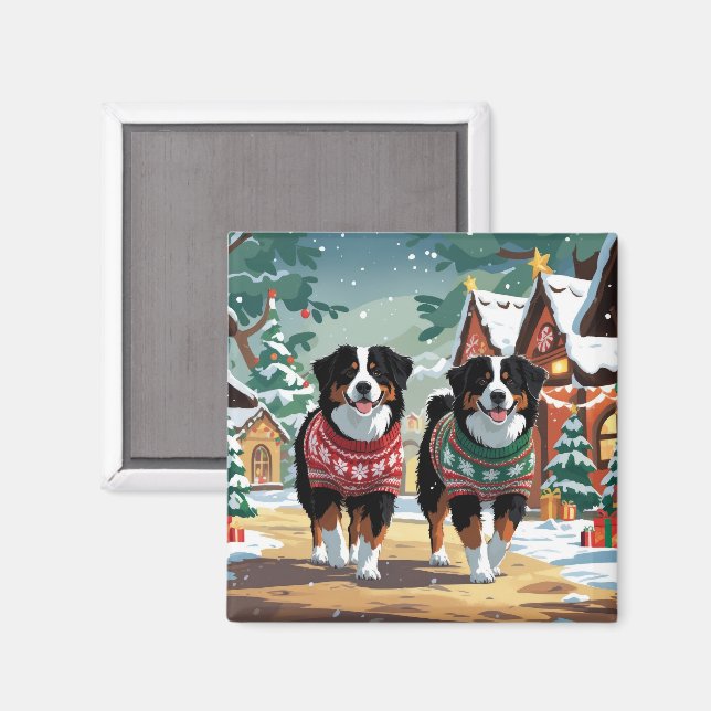 Bernese Mountain Dogs Jul Snö Semester Magnet (Front/Back)