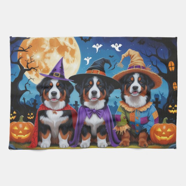 Bernese Mountain Dogs Pumpa Halloween Rolig Kökshandduk (Horisontell)