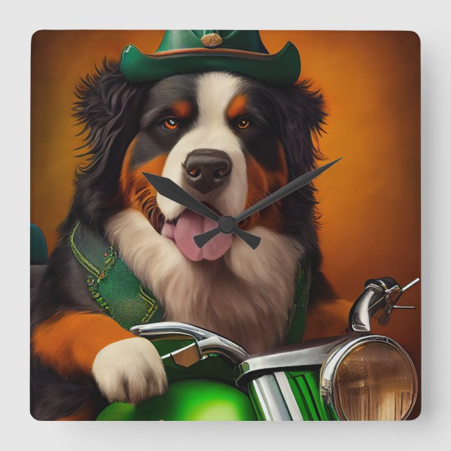 Bernese Mountain Driving Bike St. Patrick's Day Fyrkantig Klocka (Framsida)