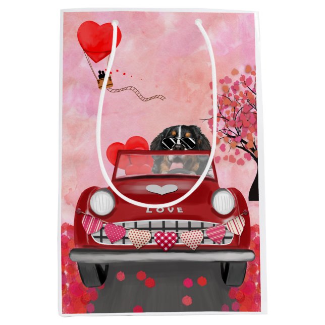 Bernese Mountain Driving Car med Hearts Valentine (Framsidan)