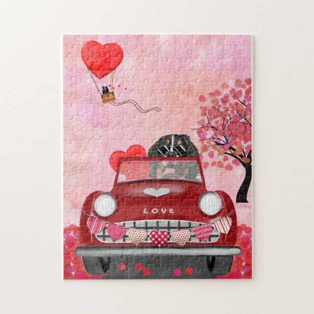Bernese Mountain Driving Car med Hearts Valentine Pussel (Vertikal)