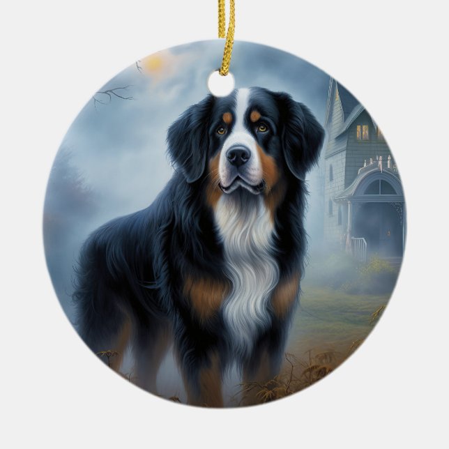 Bernese Mountain Halloween Skräckinjagande Julgransprydnad Keramik (Framsidan)