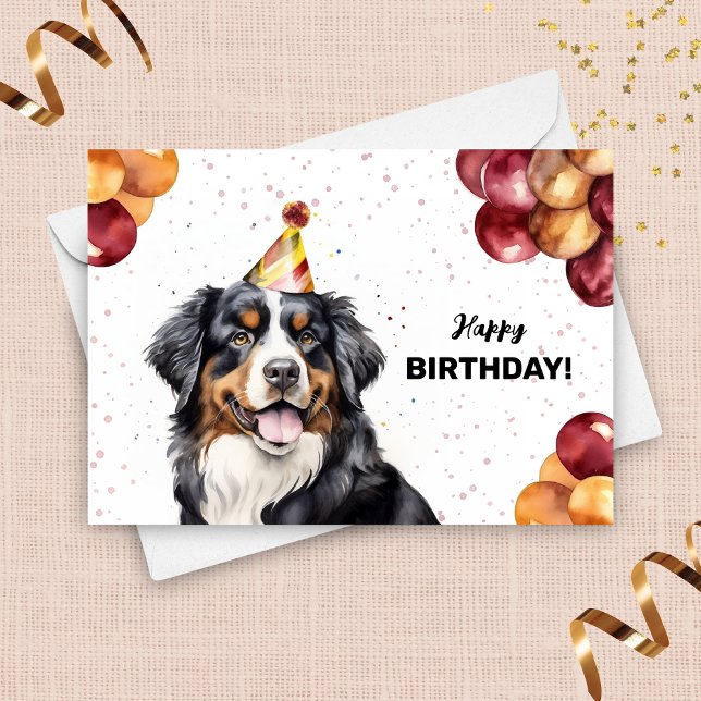 Bernese Mountain Hund Balloons Party Hat Birthday Kort (Skapare uppladdad)
