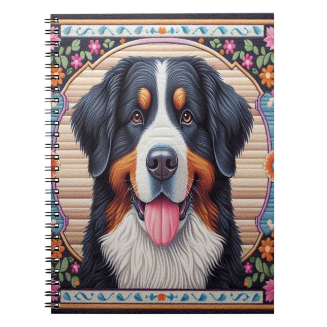 Bernese Mountain Hund Blommigt Colorful Gräns Anteckningsbok (Framsidan)