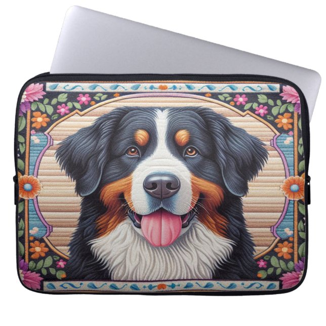 Bernese Mountain Hund Blommigt Colorful Gräns Laptop Fodral (Framsidan)