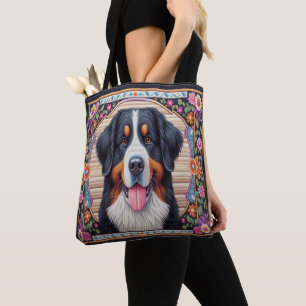Bernese Mountain Hund Blommigt Colorful Gräns Tygkasse