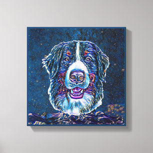 Bernese Mountain Hund Blue Starry Nattmålning Canvastryck