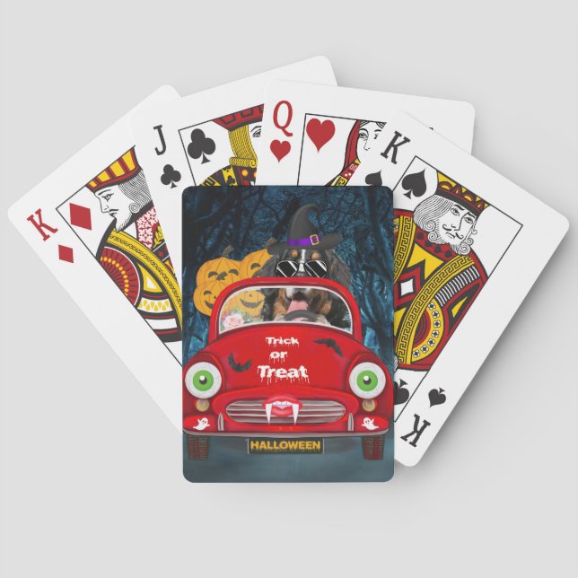 Bernese Mountain Hund Driving Car Scary Halloween Casinokort (Baksidan)