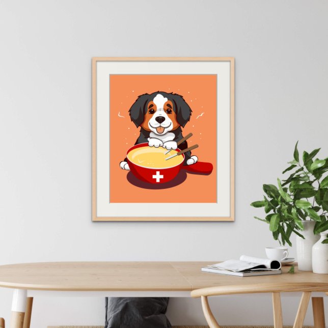 Bernese Mountain Hund Eating Fondue Poster (Multiple sizes available - frame not included.)