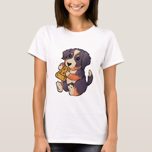 Bernese Mountain Hund Eats Pizza T-Shirt (Framsida)