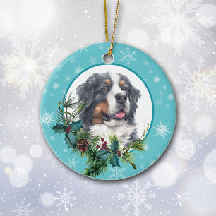 Bernese Mountain Hund Evergreen Snowflake Gräns Julgransprydnad Keramik