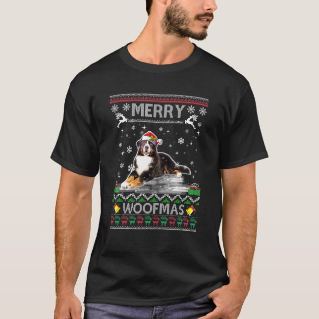 Bernese Mountain Hund for God jul Woofmas T Shirt (Framsida)