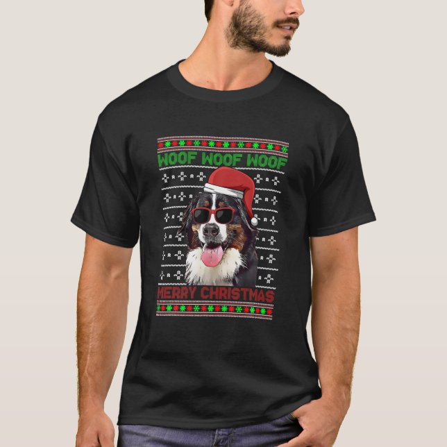Bernese Mountain Hund Funny Woof God jul T Shirt (Framsida)