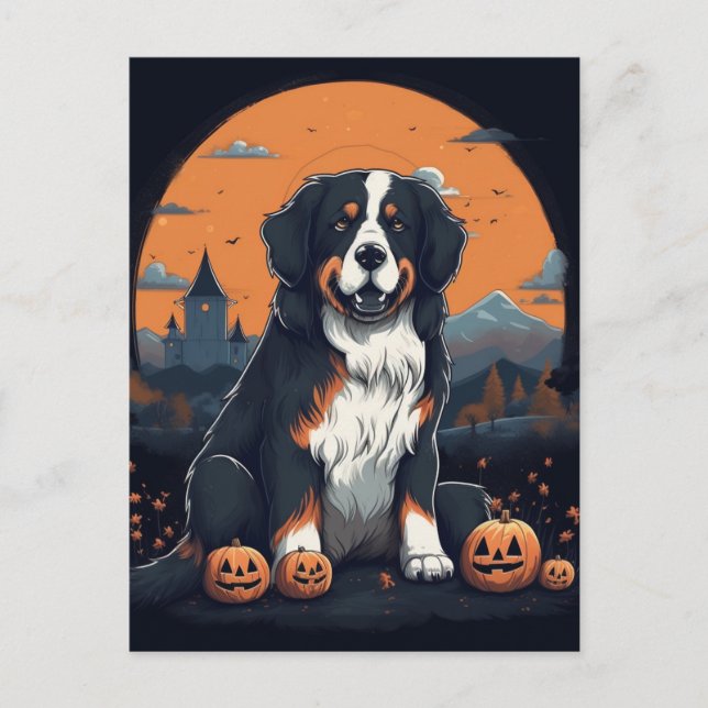 Bernese Mountain Hund Halloween Orange Black Vykort (Framsida)