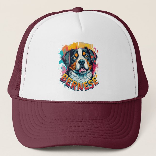 Bernese Mountain Hund Head Vibrant Färg Stänk Keps (Framsida)