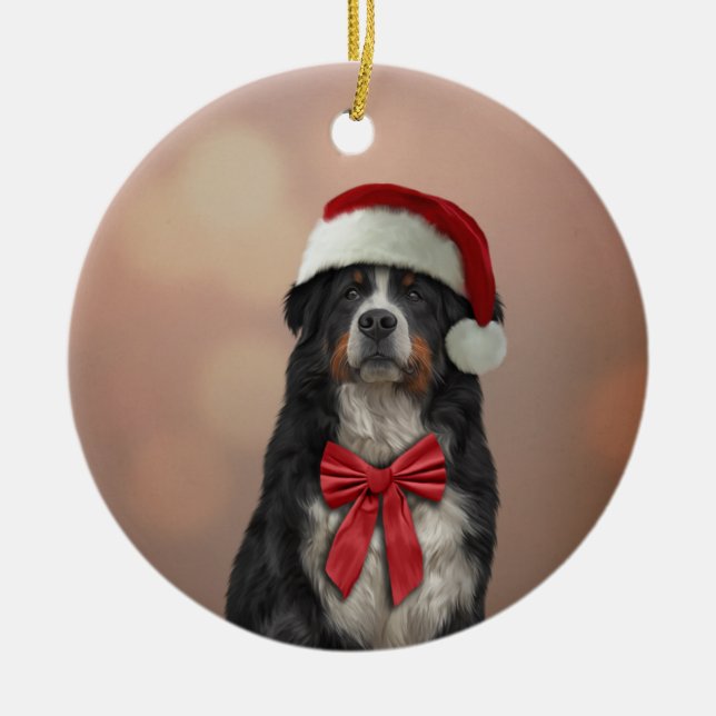 Bernese Mountain Hund i röd hatt på Jultomten Julgransprydnad Keramik (Framsidan)