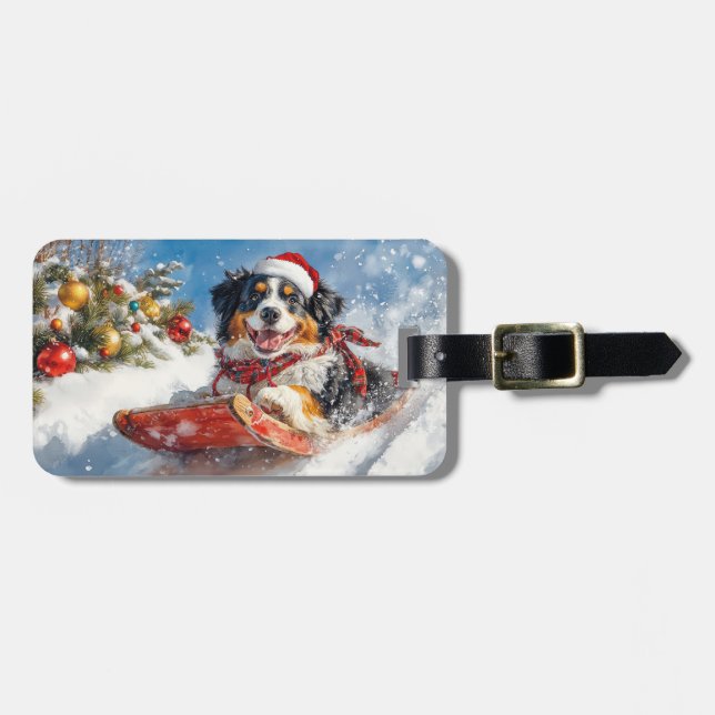 Bernese Mountain Hund i Sledge jul Bagagebricka (Horisontell Framsida)