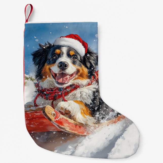 Bernese Mountain Hund i Sledge jul Liten Julstrumpa (Framsidan)