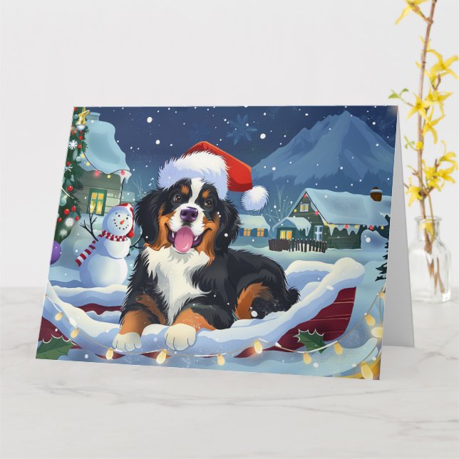 Bernese Mountain Hund i Sleigh Snö jul Kort (Gul blomma)