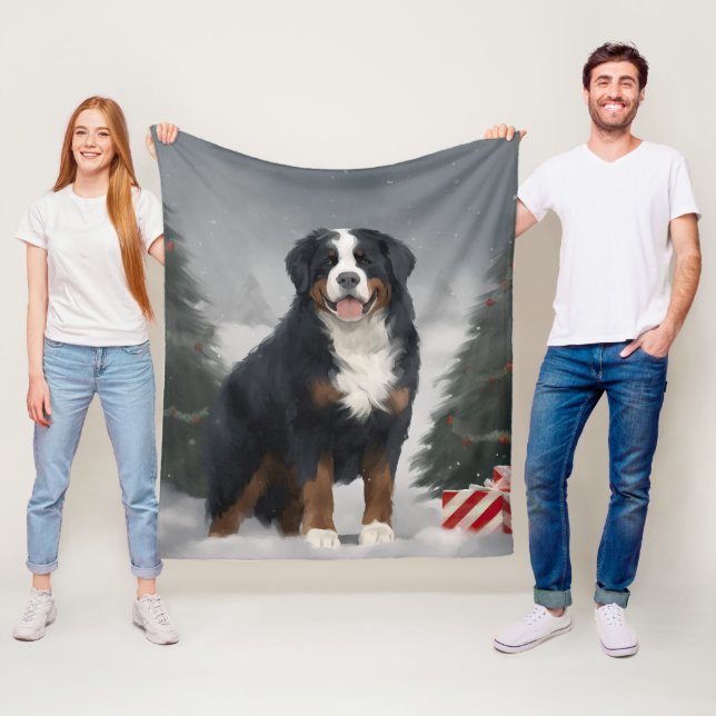 Bernese Mountain Hund i Snö jul Fleecefilt (På plats)