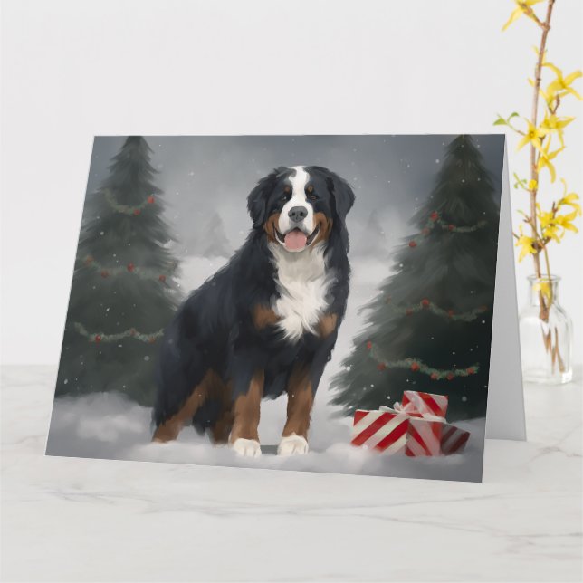 Bernese Mountain Hund i Snö jul Kort (Gul blomma)