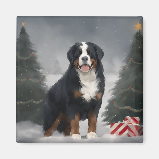 Bernese Mountain Hund i Snö jul Magnet (Framsidan)