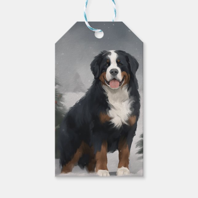 Bernese Mountain Hund i Snö jul Presentetikett (Framsidan)
