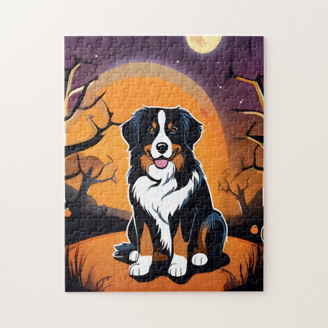 Bernese Mountain Hund Lila Orange Halloween Pussel (Vertikal)