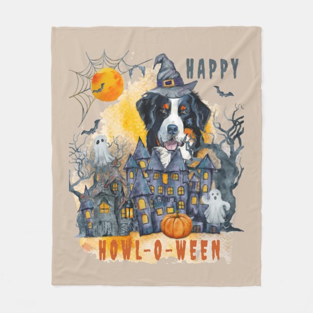 Bernese Mountain Hund Lycklig Howl-o-ween Ghost Ho Fleecefilt (Framsidan)