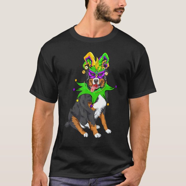 Bernese Mountain Hund Mardi Gras Mask Hat Bead Fun T Shirt (Framsida)