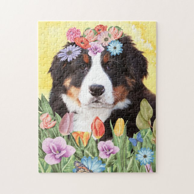 Bernese Mountain Hund med Flowers Vår Pussel (Vertikal)