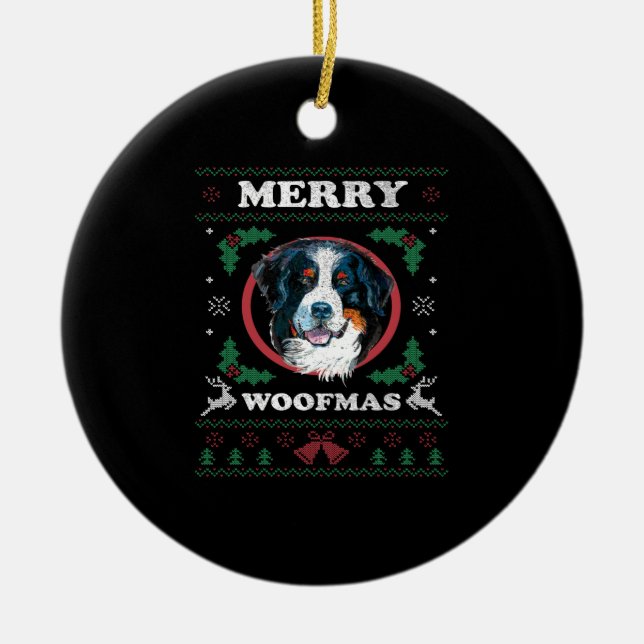 Bernese Mountain Hund Merry Woofmas jul Hund G Julgransprydnad Keramik (Framsidan)