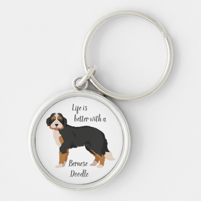 Bernese Mountain hund mix Keychain. BerneDoo Rund Silverfärgad Nyckelring (Framsidan)