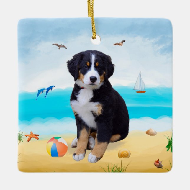 Bernese Mountain Hund på Beach Julgransprydnad Keramik (Framsida)