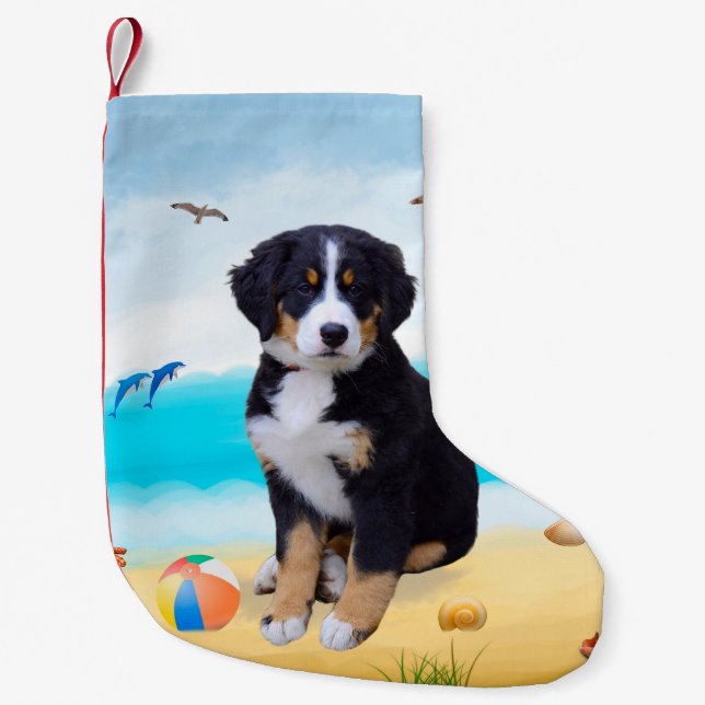 Bernese Mountain Hund på Beach Liten Julstrumpa (Framsidan)