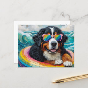 Bernese Mountain Hund på ett regnbåge Färg Flyter Vykort