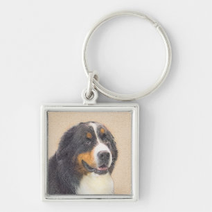 Bernese Mountain Hund Painting - Original Hund Art Fyrkantig Silverfärgad Nyckelring