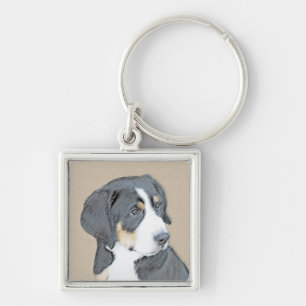 Bernese Mountain Hund Puppy Painting - Original Ar Fyrkantig Silverfärgad Nyckelring