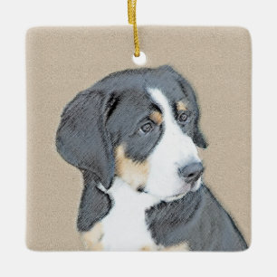 Bernese Mountain Hund Puppy Painting - Original Ar Julgransprydnad Keramik