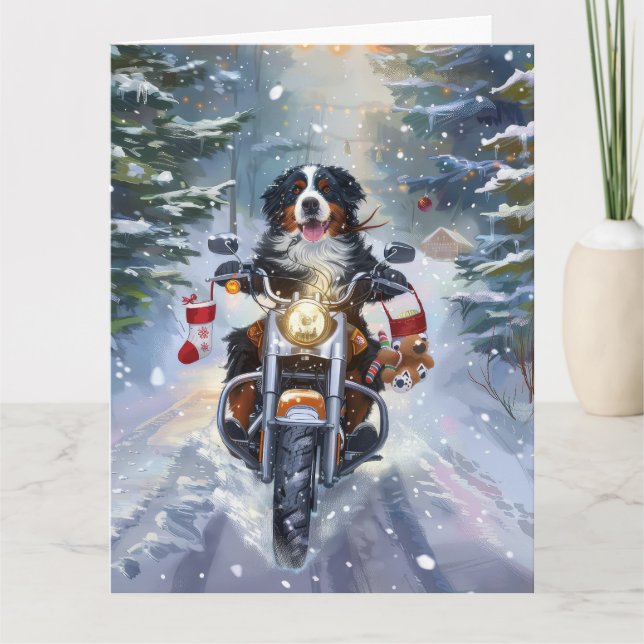 Bernese Mountain Hund Riding Motorcykel jul Kort (Framsida)