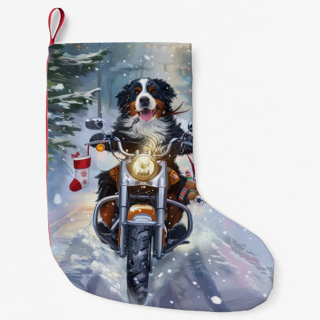 Bernese Mountain Hund Riding Motorcykel jul Liten Julstrumpa (Framsidan)