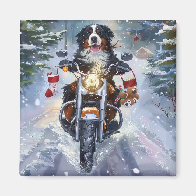 Bernese Mountain Hund Riding Motorcykel jul Magnet (Framsidan)