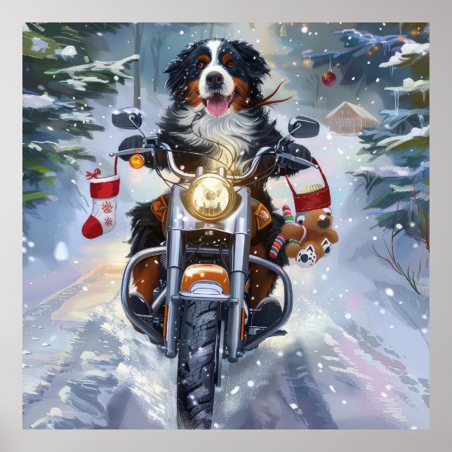 Bernese Mountain Hund Riding Motorcykel jul Poster (Framsidan)