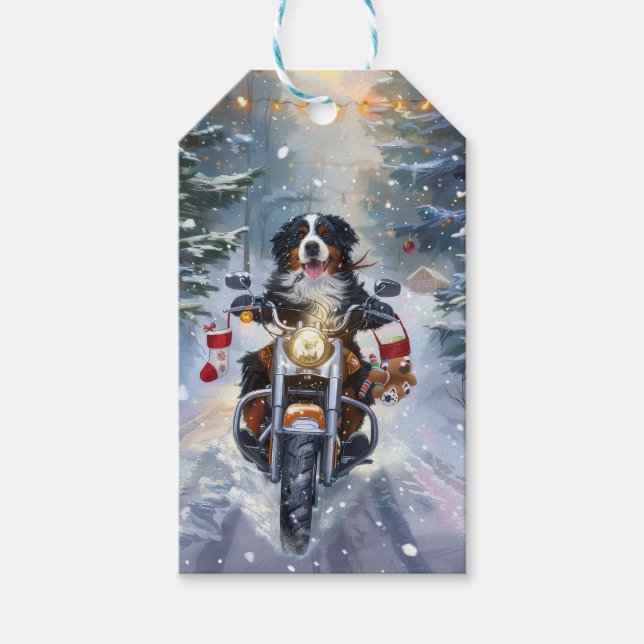 Bernese Mountain Hund Riding Motorcykel jul Presentetikett (Framsidan)