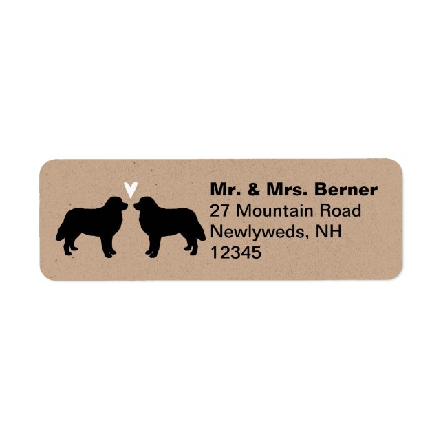 Bernese Mountain Hund Silhouettes med Heart Returadress Etikett (Framsidan)