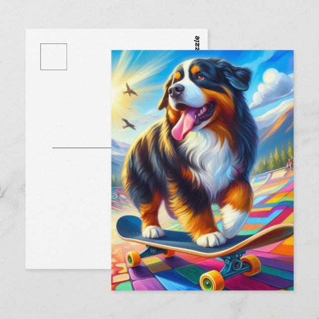 Bernese Mountain Hund Skateboarding Vykort (Fram/baksida)