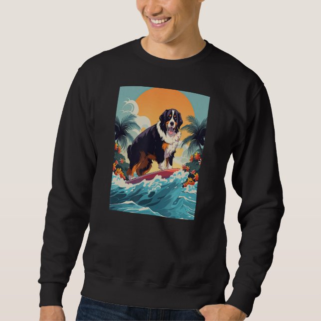 Bernese Mountain Hund Surfing Funny Beach Lång Ärmad Tröja (Framsida)